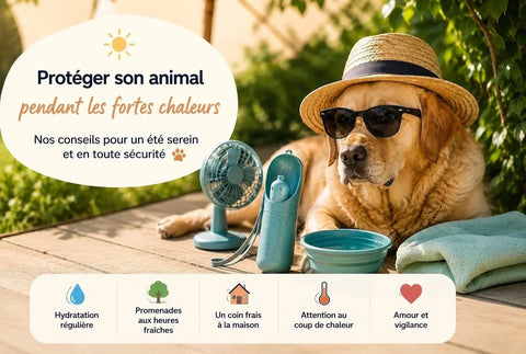 Chien au frais pendant une forte chaleur estivale avec gourde d’eau portable et accessoires pour protéger son animal en été.