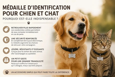 Chien et chat portant une médaille d'identification personnalisée avec nom et numéro de téléphone