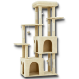 Arbre à chat multi-niveaux beige avec niches confortables, plateformes et poteaux à griffer