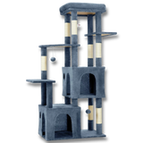 Arbre à chat multi-niveaux bleu avec niches, plateformes de jeu et balles suspendues