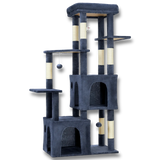 Arbre à chat multi-niveaux bleu foncé avec structure stable, niches et plateformes