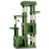 Arbre à chat multi-niveaux vert forêt avec niches, plateformes, poteaux à griffer et jouets suspendus