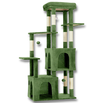 Arbre à chat multi-niveaux vert forêt avec niches, plateformes, poteaux à griffer et jouets suspendus