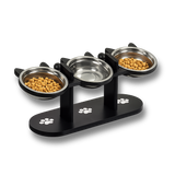 Gamelle surélevée à 3 niveaux pour chat avec support en bois et acier inoxydable.