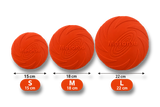 Frisbee pour chien rouge disponible en tailles S (15 cm), M (18 cm) et L (22 cm).