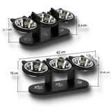 Dimensions gamelle surélevée pour chien et chat avec 3 bols en inox et support ergonomique noir
