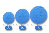 Guide des tailles pour frisbee pour chien, jouet de lancer bleu en 15, 18 et 22 cm.
