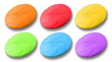 Ensemble de six frisbees en silicone, disposés en grille, montrant les coloris orange, rouge, jaune, vert, bleu et violet.