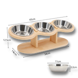 Gamelle triple bols en acier inoxydable pour chien avec design moderne en bois