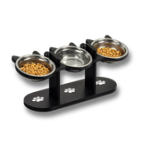 Gamelle surélevée pour chien et chat avec 3 bols en inox sur support noir antidérapant design pattes