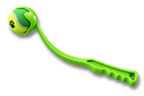 Jouet lanceur de balle vert pour chien avec balle de tennis assortie, idéal pour le parc.