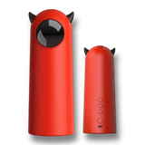 Jouet laser automatique rouge pour chat avec vue avant et arrière, montrant le design oreilles de chat et les boutons de commande.