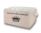 Panier de rangement personnalisable avec le nom de votre animal et une couronne, conçu pour ranger les jouets, accessoires, couvertures et affaires de chien ou de chat.