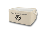 Panier de rangement personnalisé beige avec prénom pour chien ou chat, idéal pour ranger les jouets, accessoires, couvertures et affaires de votre animal.