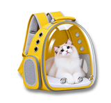 Sac à dos de transport jaune pour chat avec hublot transparent, idéal pour voyager avec son animal.