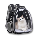 Sac à dos de transport noir pour chat avec grande bulle transparente et aérations, conçu pour le voyage.