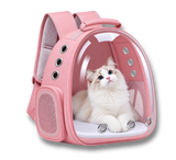 Sac à dos de transport rose pour chat avec bulle transparente et aérations, idéal pour voyager avec son animal.