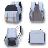 Différents angles de vue du sac de transport bleu pour petit chien et chat : face, dos, profil et dessous